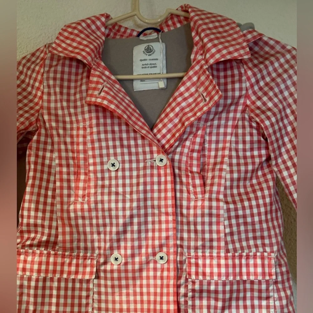 Petit Bateau Rain Jacket Girl Red/White Polyester Gingham Cotton Lining Size 6